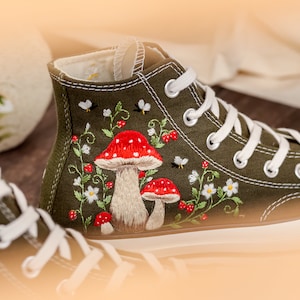 Mushrooms Embroidered Converse High Tops Custom, Strawberry, Mushrooms Embroidered Shoes, Sneakers Embroidery Mushroom, Strawberry for Women