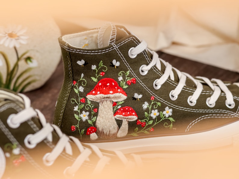 Mushrooms Embroidered Converse High Tops Custom, Strawberry, Mushrooms Embroidered Shoes, Sneakers Embroidery Mushroom, Strawberry for Women