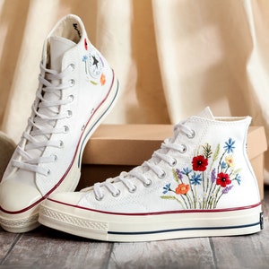 Embroidered Converse High Tops, Shoes Custom Floral Embroidery, Converse Custom Name, Flower Embroidered Sneakers, Gift For Best Friend