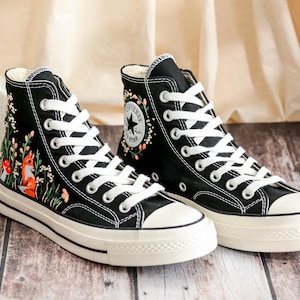 Custom Embroidered Converse High Tops 1970s, Fox Embroidered Converse Shoes, Fox and Flowers Embroidered Sneakers, Funny Halloween Gifts