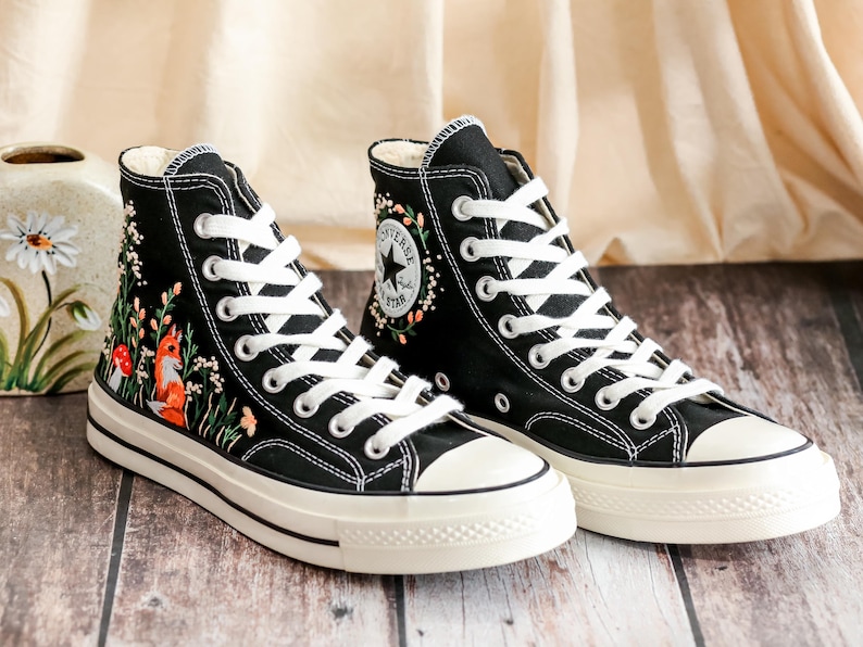 Custom Embroidered Converse High Tops 1970s, Fox Embroidered Converse Shoes, Fox and Flowers Embroidered Sneakers, Funny Halloween Gifts