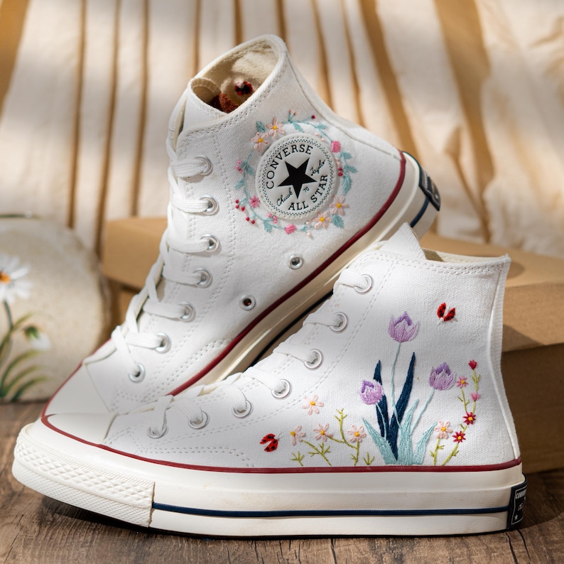 Customized Converse Shoes, Embroidered Converse Chuck 70 High Tops, Sneakers Embroidery Tulip And Butterfly, Custom Bride Shoes, Women Gift