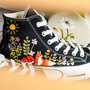 Embroidered Converse, Mushroom and Fox Embroidered Shoes Custom, Embroidered Converse High Tops Pet Mushroom and Sweet Sunflower Garden