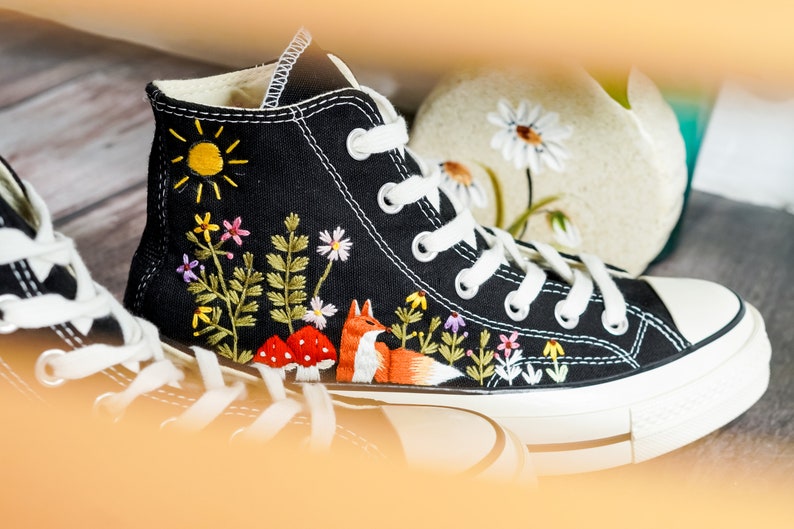 Embroidered Converse, Mushroom and Fox Embroidered Shoes Custom, Embroidered Converse High Tops Pet Mushroom and Sweet Sunflower Garden