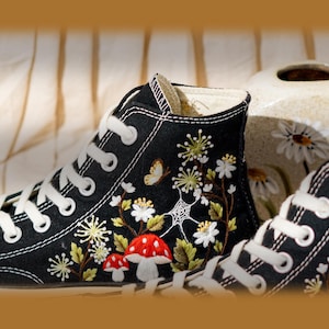 Unique Woodland Design Embroidered Converse, Custom Embroidered Sneakers High Top, Mushroom & Floral Embroidery Converse, Nature Lover Gift