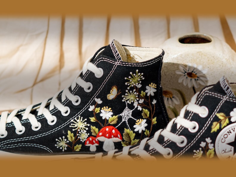 Unique Woodland Design Embroidered Converse, Custom Embroidered Sneakers High Top, Mushroom & Floral Embroidery Converse, Nature Lover Gift