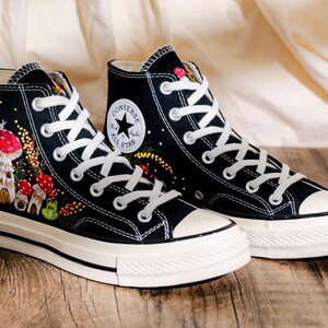 Mushroom Embroidered Converse High Tops, Mushrooms, Frog Embroidered Shoes, Converse Embroidery Mushroom, Embroidered Sneaker, Gift for Her