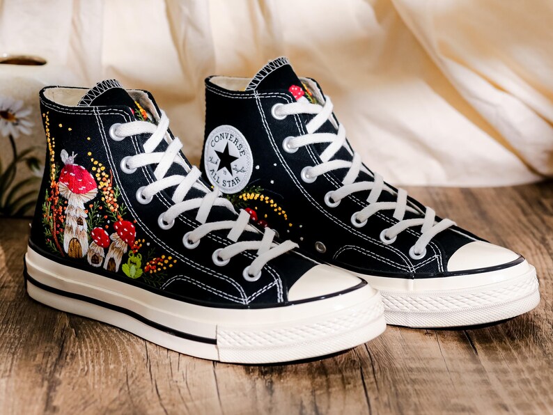 Mushroom Embroidered Converse High Tops, Mushrooms, Frog Embroidered Shoes, Converse Embroidery Mushroom, Embroidered Sneaker, Gift for Her