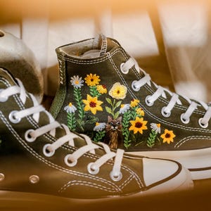 Custom Converse Embroidery Cat, Sunflowers Embroidered Converse High Tops, Graden Sunflowers, Pet Embroidered Shoes Custom, Pet Lover Gift