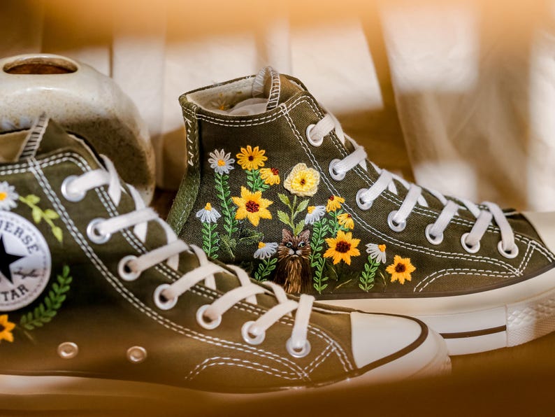 Custom Converse Embroidery Cat, Sunflowers Embroidered Converse High Tops, Graden Sunflowers, Pet Embroidered Shoes Custom, Pet Lover Gift