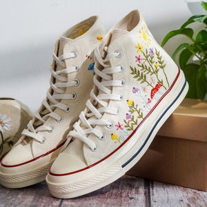 Embroidered Converse, Custom Converse Embroidered Flower and Mushroom Garden, Mushroom and Floral Embroidery Shoes for Women, Gift For Her