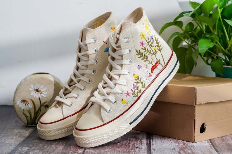 Embroidered Converse, Custom Converse Embroidered Flower and Mushroom Garden, Mushroom and Floral Embroidery Shoes for Women, Gift For Her