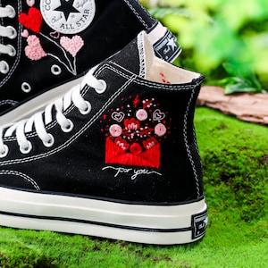 Custom Embroidered Converse, Heart Embroidery Shoes for Couple, Heart Embroidery Sneakers as Valentines Day Gift, Romantic Gift for Couple