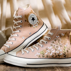 Embroidered Converse Custom, Wildflowers Embroidered Shoes, Chrysanthemum Embroidered Sneakers, Brown Converse Embroidery Flower for Her