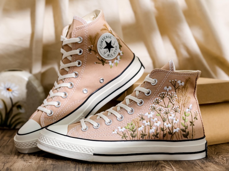Embroidered Converse Custom, Wildflowers Embroidered Shoes, Chrysanthemum Embroidered Sneakers, Brown Converse Embroidery Flower for Her