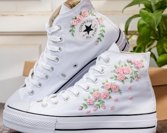 Custom Embroider Platform Converse Wedding, Bridal Flowers Embroidered Shoes for Bride, Rose Flower Embroidered Sneakers, Romantic Wedding