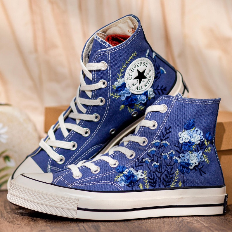 Blue Converse Chuck Taylor 1970s: Custom Floral Embroidered Bridal Sneakers