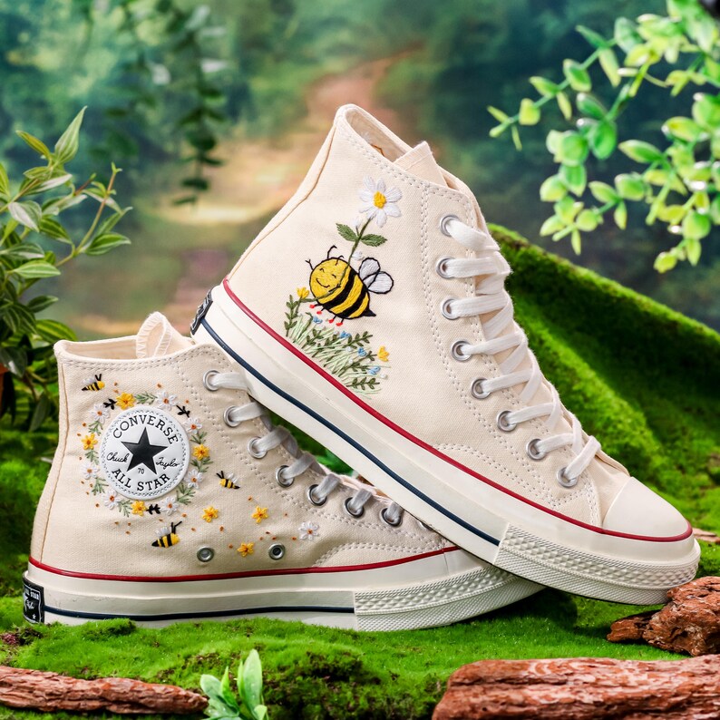 Custom Floral Converse, Bees, Sunflowers Embroidery Converse, Flower and Bee Embroidered Shoes, Unique Custom Floral Sneakers, Gift For Her