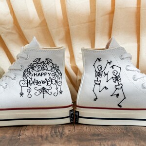 Custom Halloween Embroidered Converse Chuck Taylor High Tops, Converse Embroidery Dancing Skeletons & Spooky, Custom Sneaker, Halloween Gift