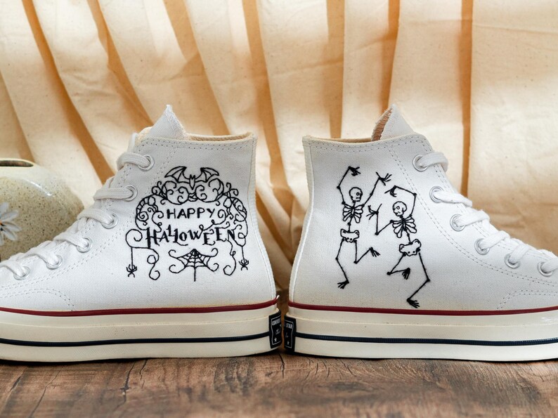 Custom Halloween Embroidered Converse Chuck Taylor High Tops, Converse Embroidery Dancing Skeletons & Spooky, Custom Sneaker, Halloween Gift