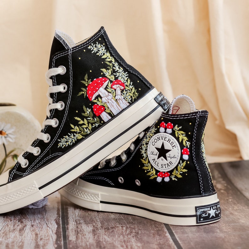 Custom Embroidered Converse Chuck Taylor 1970s, Mushrooms Embroidered Sneakers Custom, Mushrooms Embroidered Converse Shoes, Gifts for Her