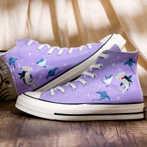 Manta Ray Embroidered Converse High Tops, Hammerhead Shark Embroidered Shoes, Ray and Shark Embroidered Sneaker Custom, Gift for Her