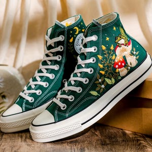 Mushrooms Converse, Fog and Mushrooms Embroidered Converse High Tops Custom, Mushroom Embroidered Sneakers, Flowers Embroidery Shoes Custom
