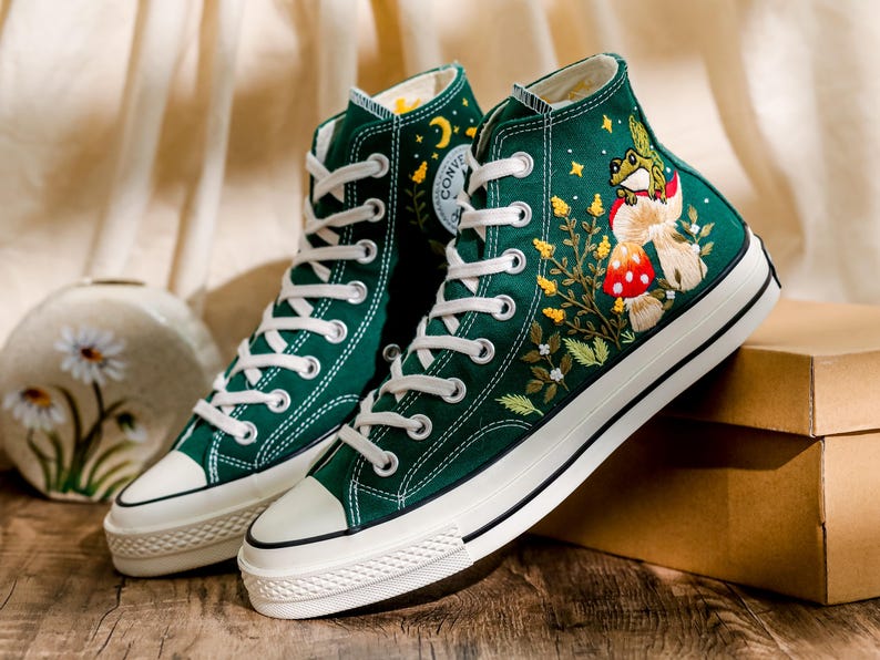 Mushrooms Converse, Fog and Mushrooms Embroidered Converse High Tops Custom, Mushroom Embroidered Sneakers, Flowers Embroidery Shoes Custom