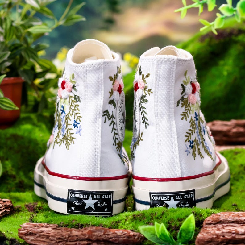 Wedding Converse High Tops Custom, Bridal Flower Embroidery Shoes, Wedding Flower Embroidered Sneaker for Bride, Unique Gifts for Couple