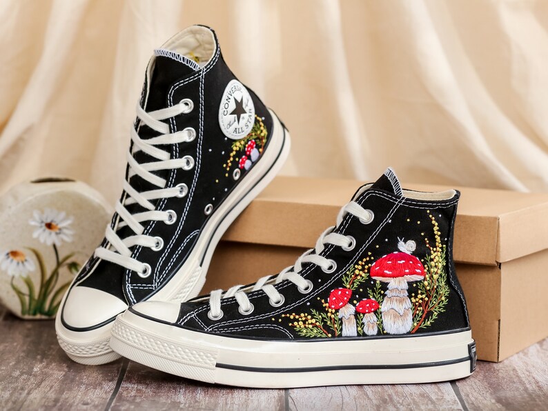 Custom Embroidered Converse Shoes, Mushrooms Embroidery Sneakers Women, Mimosa Embroidered Converse Custom, Shoes Embroidery, Gifts for Her