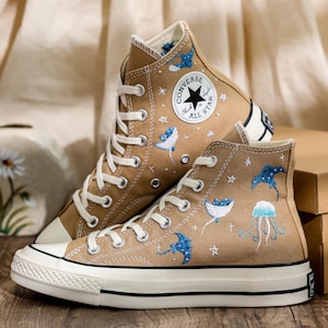Custom Ray Embroidered Converse Shoes, Ray and Jellyfish Embroidered Sneaker, Respect The Locals Converse Surfing Shoes, Gift for Sea Lover