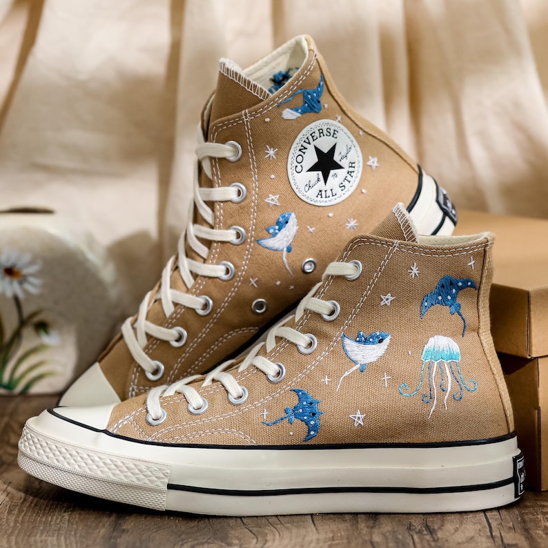 Custom Ray Embroidered Converse Shoes, Ray and Jellyfish Embroidered Sneaker, Respect The Locals Converse Surfing Shoes, Gift for Sea Lover