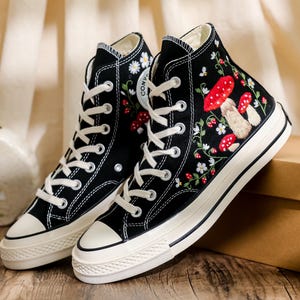 Embroidered Mushroom Converse High Tops 1970s, Mushroom Embroidered Shoes for Women, Garden Mushrooms, Strawberry, Bees Embroidered Sneakers