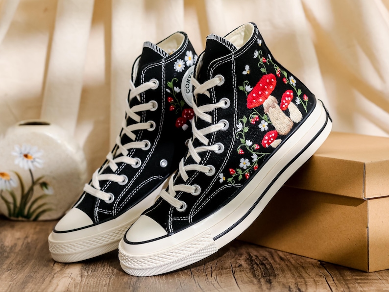 Embroidered Mushroom Converse High Tops 1970s, Mushroom Embroidered Shoes for Women, Garden Mushrooms, Strawberry, Bees Embroidered Sneakers