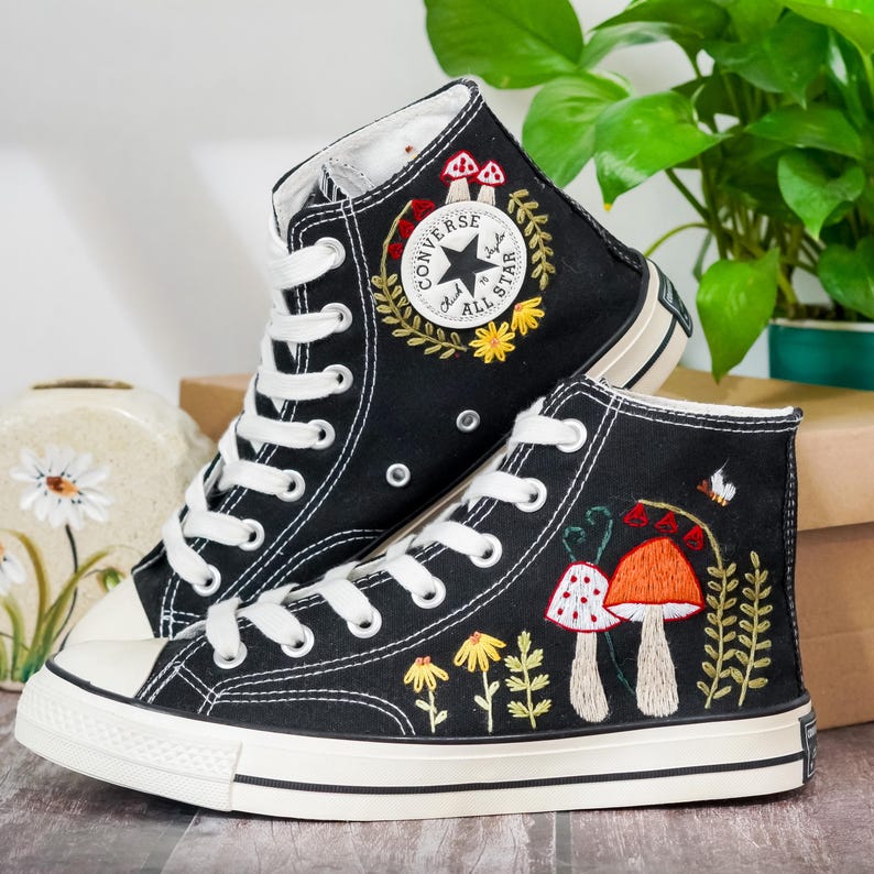 Embroidered Converse Mushroom, Butterfly, Converse Embroidery Mushroom, Custom Shoes Embroidered Butterfly, Mushrooms Sneakers, Gift for Her