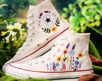 Customized Converse Embroidered Shoes, Converse High Tops 1970s Embroidered Sunflower Garden, Lavender, Converse Shoes Best Gift for Her