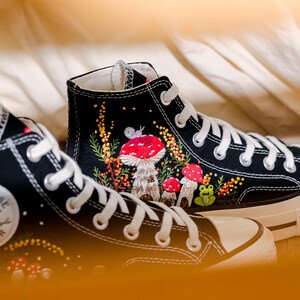 Mushroom Embroidered Converse High Tops, Mushrooms, Frog Embroidered Shoes, Converse Embroidery Mushroom, Embroidered Sneaker, Gift for Her