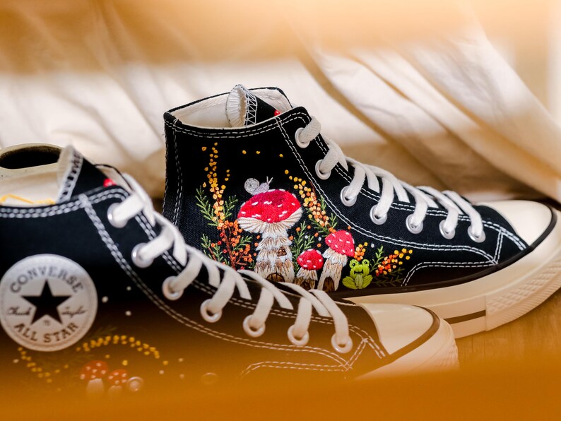 Mushroom Embroidered Converse High Tops, Mushrooms, Frog Embroidered Shoes, Converse Embroidery Mushroom, Embroidered Sneaker, Gift for Her