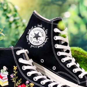Custom Converse Embroidered Book, Mushrooms, Flowers Embroidery Shoes, Flower Garden, Book Embroidered Converse, Unique Graduation Gift