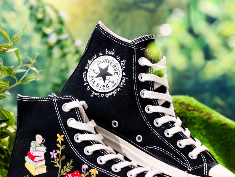 Custom Converse Embroidered Book, Mushrooms, Flowers Embroidery Shoes, Flower Garden, Book Embroidered Converse, Unique Graduation Gift