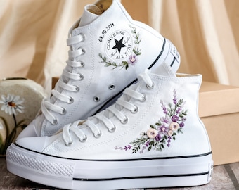 Platform Converse for Wedding, Burgundy Flower Embroidered Shoes, Fall Wedding Bouquet Emnbroidered Sneakers for Bride, Bridal Sneakers