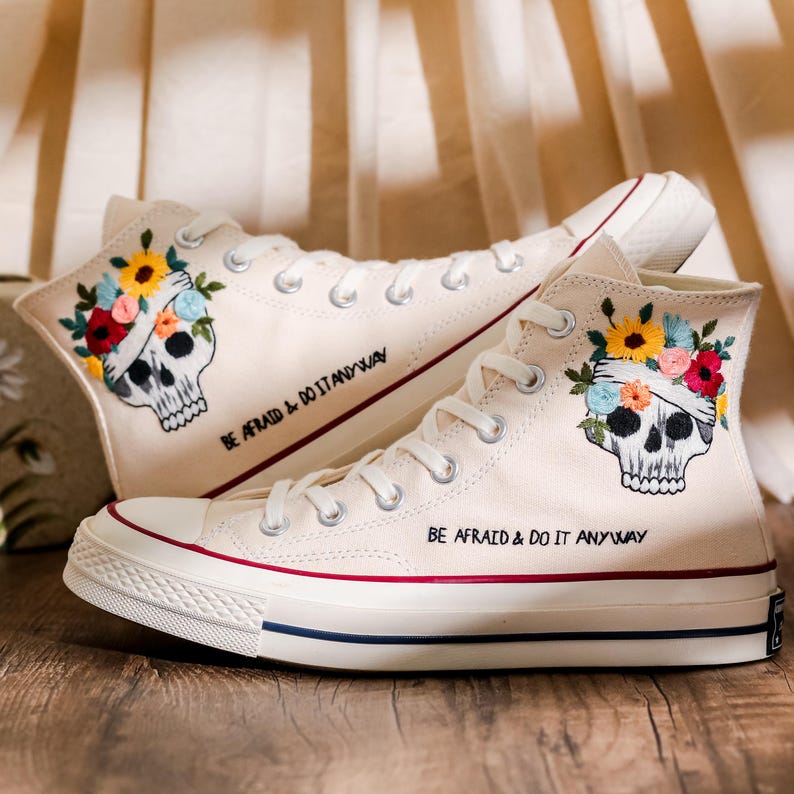 Custom Embroidered Converse High Tops, Custom Shoes Taylor 1970s Flower, Skull Embroidered, Skull Embroidery Converse, Unique Gifts For Her