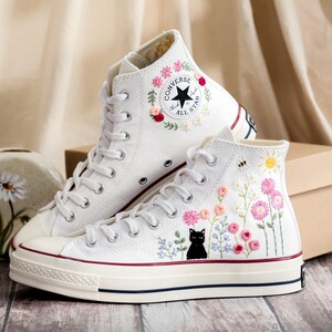 Cat Embroidered Converse, Flower Cat Embroidered Converse, Embroidered Converse Custom Pet, Cat Embroidered Sneakers, Birthday Gift