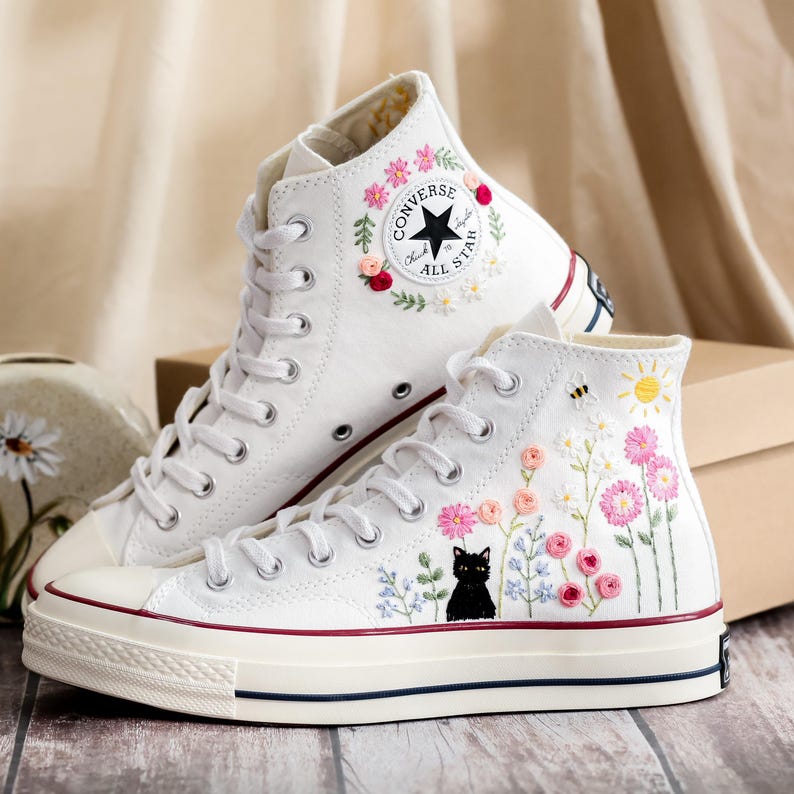 Cat Embroidered Converse, Flower Cat Embroidered Converse, Embroidered Converse Custom Pet, Cat Embroidered Sneakers, Birthday Gift
