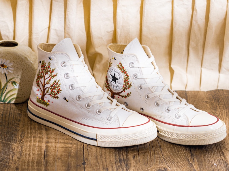 Custom Embroidered Converse Chuck Taylor High Top, Sneaker Embroidery Autumn Forest Tree Theme, Converse Shoes Embroidered Nature, Gift Idea