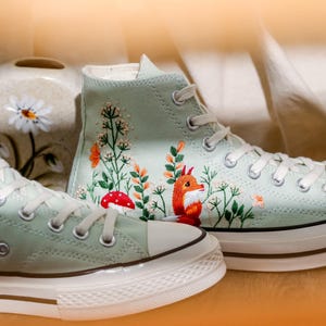 Embroidered Converse Summit Sage, Graden Floral and Fox Embroidered Shoes, Mushroom, Red Fox Embroidered Sneakers, Converse Embroidery Fox
