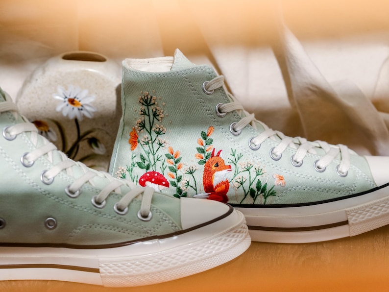 Embroidered Converse Summit Sage, Graden Floral and Fox Embroidered Shoes, Mushroom, Red Fox Embroidered Sneakers, Converse Embroidery Fox