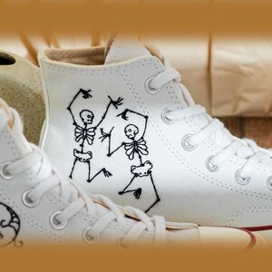 Custom Halloween Embroidered Converse Chuck Taylor High Tops, Converse Embroidery Dancing Skeletons & Spooky, Custom Sneaker, Halloween Gift