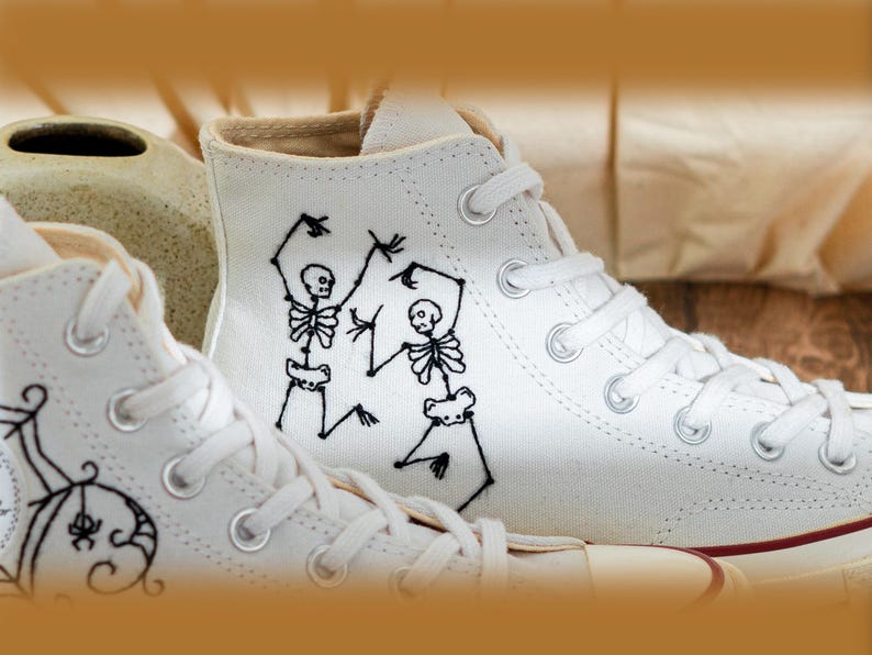 Custom Halloween Embroidered Converse Chuck Taylor High Tops, Converse Embroidery Dancing Skeletons & Spooky, Custom Sneaker, Halloween Gift