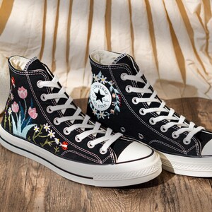 Handmade Converse Embroidery Floral, Custom Embroidered Converse High Top, Black Canvas Shoes Embroidery Tulip And Butterfly, Romantic Gift